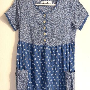 Vintage 90s Women's Blue Floral Midi Dress with Pockets Cottage Prairie Folk